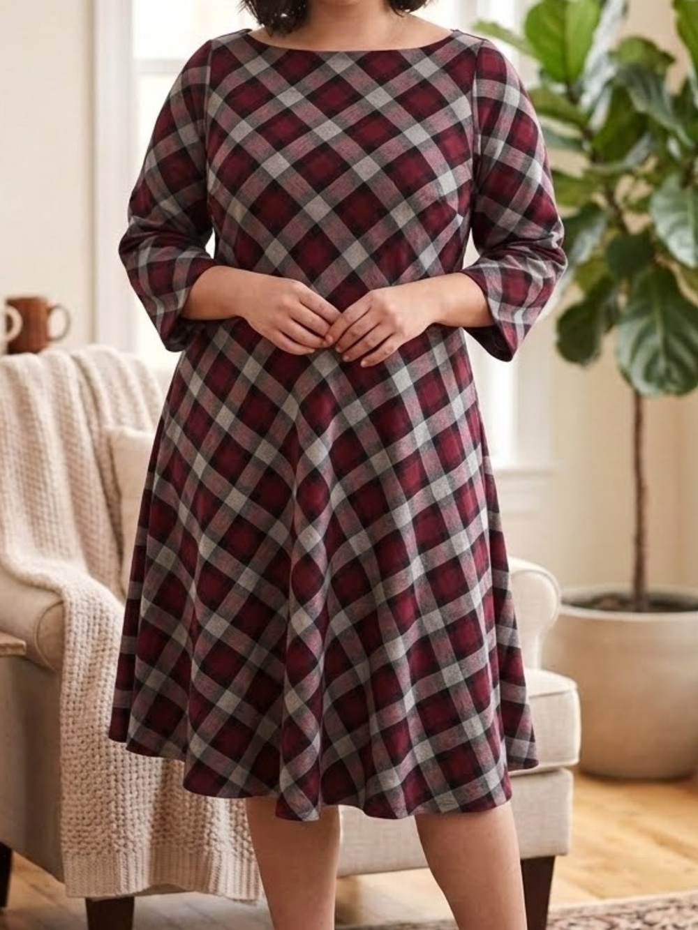 Unique Vintage Plaid Fit & Flare Midi Dress Burgundy Black Gray Pockets 1X 16